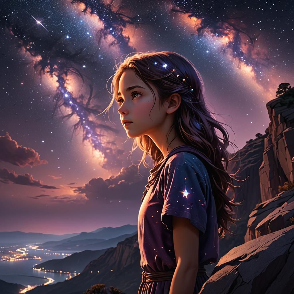 Girl Gazing at Starry Night Sky in Digital Art