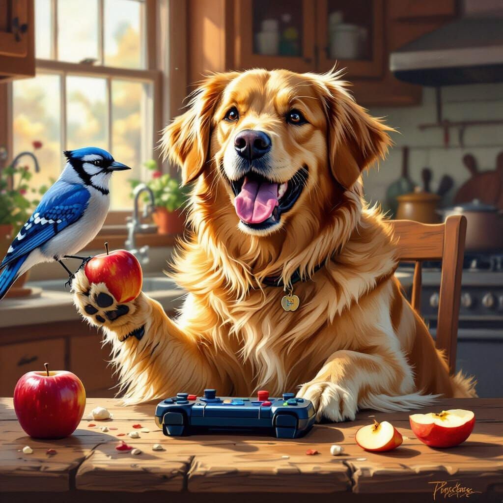 Golden Retriever Plays Games While Making Dinner With Bird