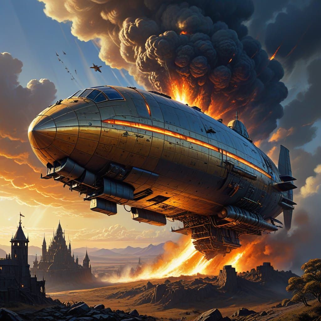 Steampunk Zeppelin in High-Speed Strafing Run Over Alien Cas...