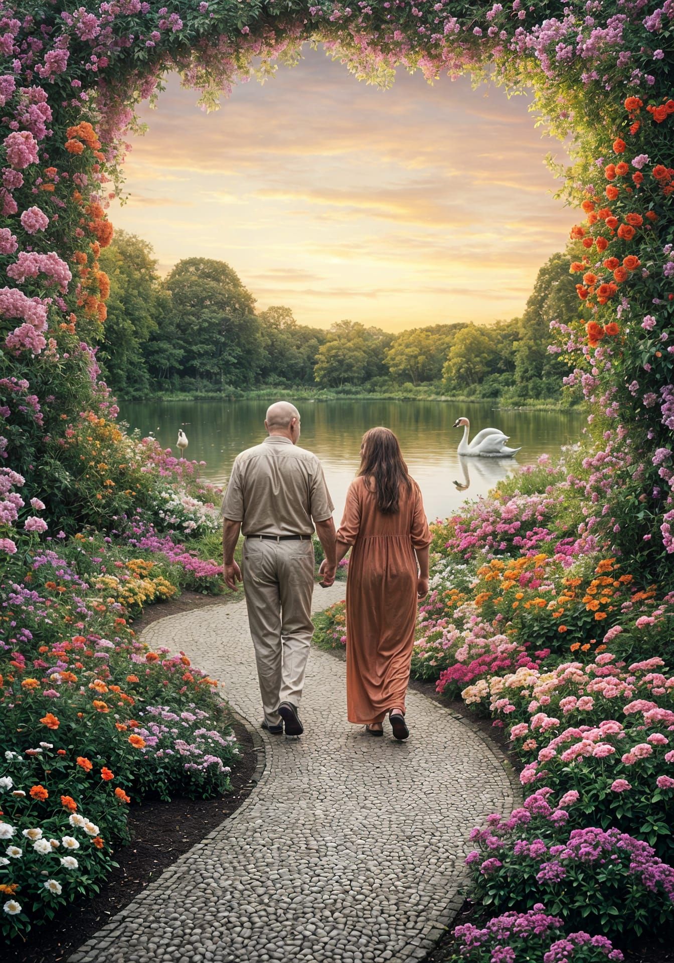 Romantic Couple Strolls Through Vibrant Flower Garden