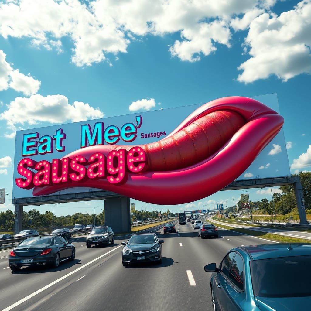 A hyperrealistic, ultra-detailed, 4k surrealistic billboard across a busy highway, designed in the shape and color of a ...