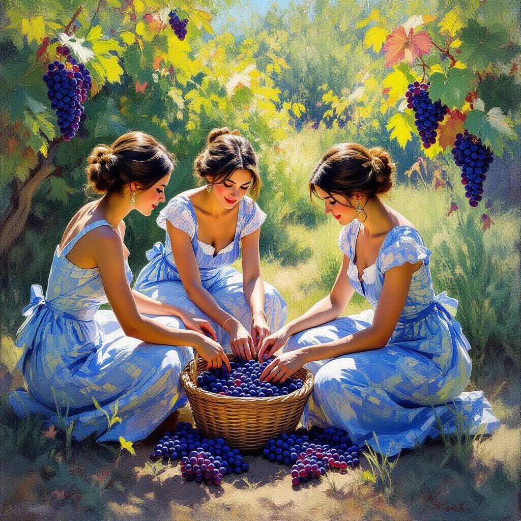 Impressionist Garden Scene: Women Picking Grapes