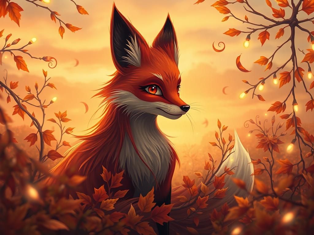 Whimsical Fox Spirit in Autumn Foliage