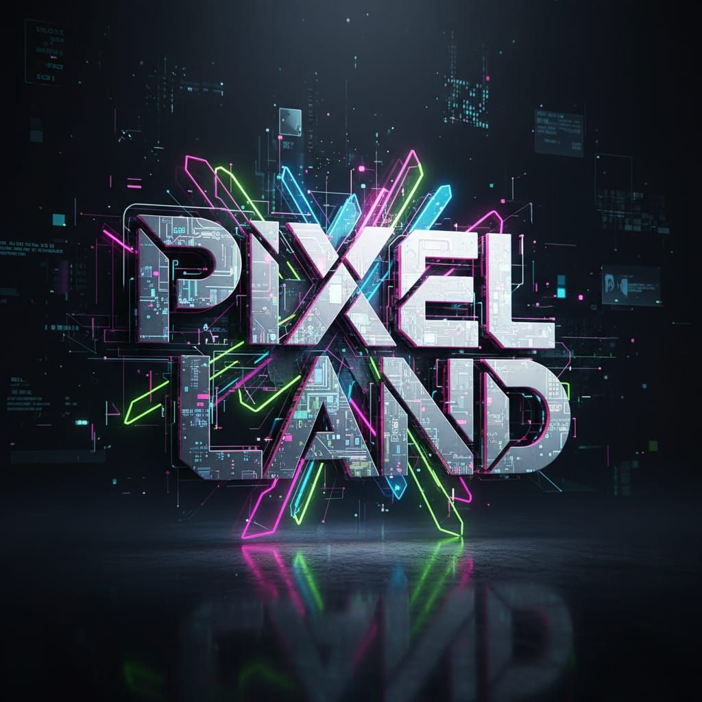 Pixel Land Logo in Neon Nanotech Style