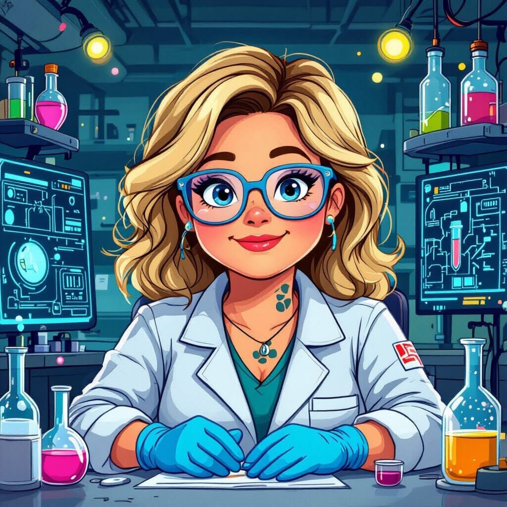 Cartoon Female Scientist in Laboratory