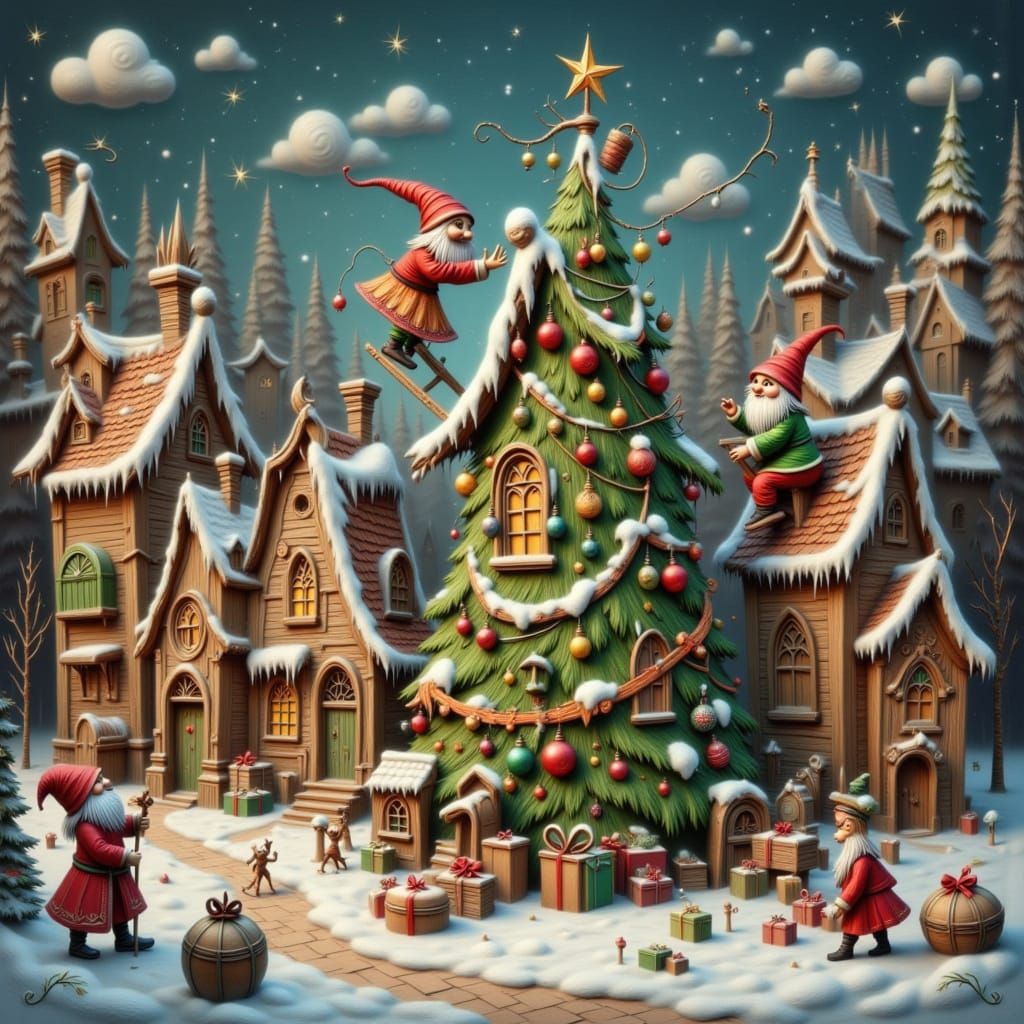 Christmas Village Decorated by Nisse Gnomes and Elves