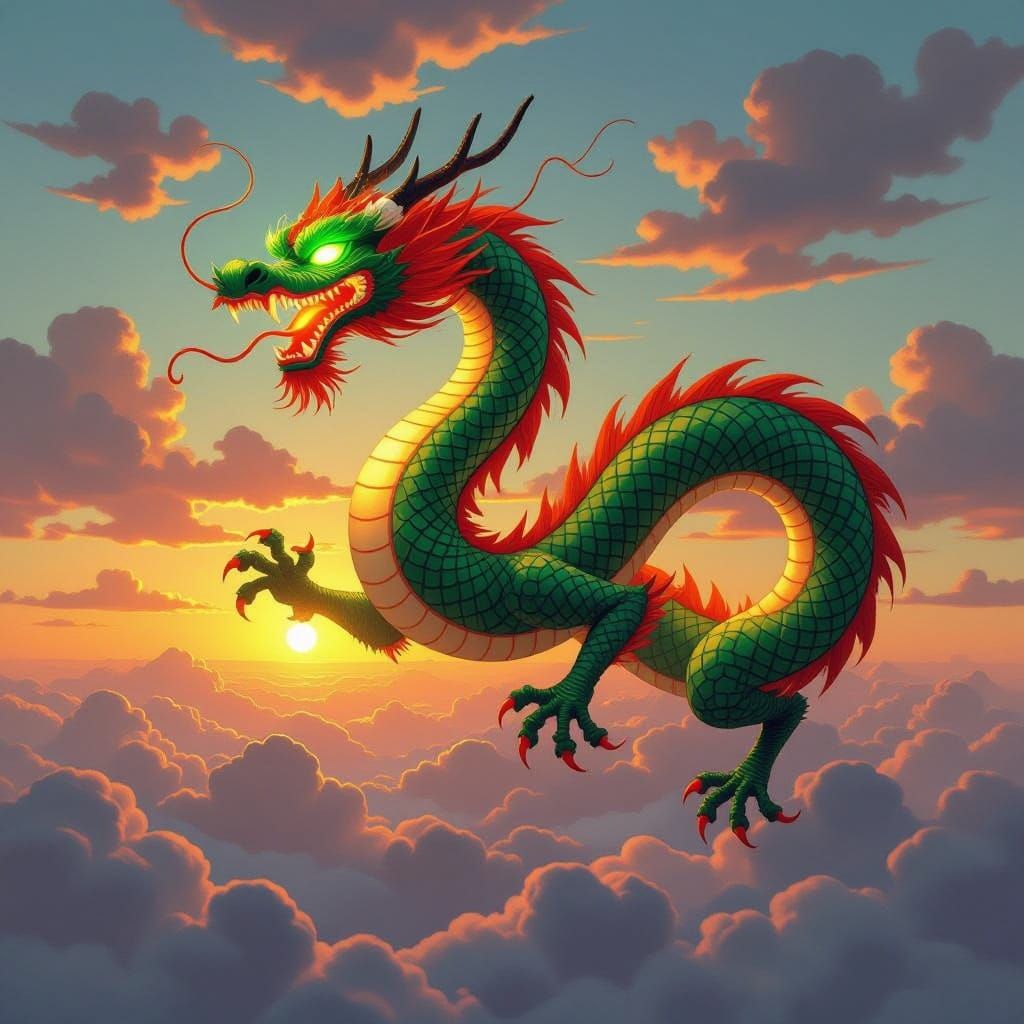 Majestic Dragon Soars Through Sunset Skies in Neo-Expression...