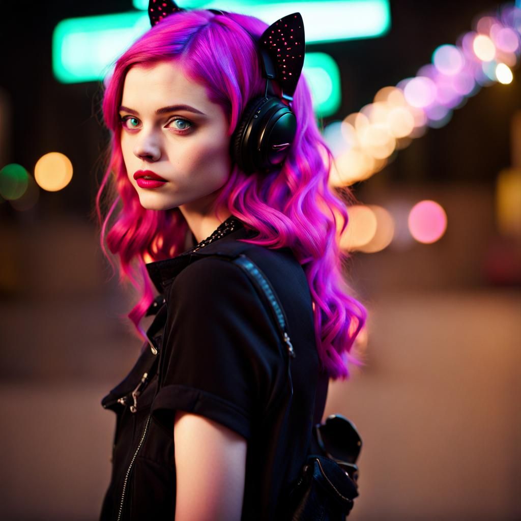 Neon-Haired Woman with Kitten Ears in 4K