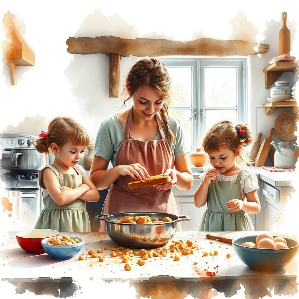Mother and Daughters in Whimsical Farmhouse Kitchen
