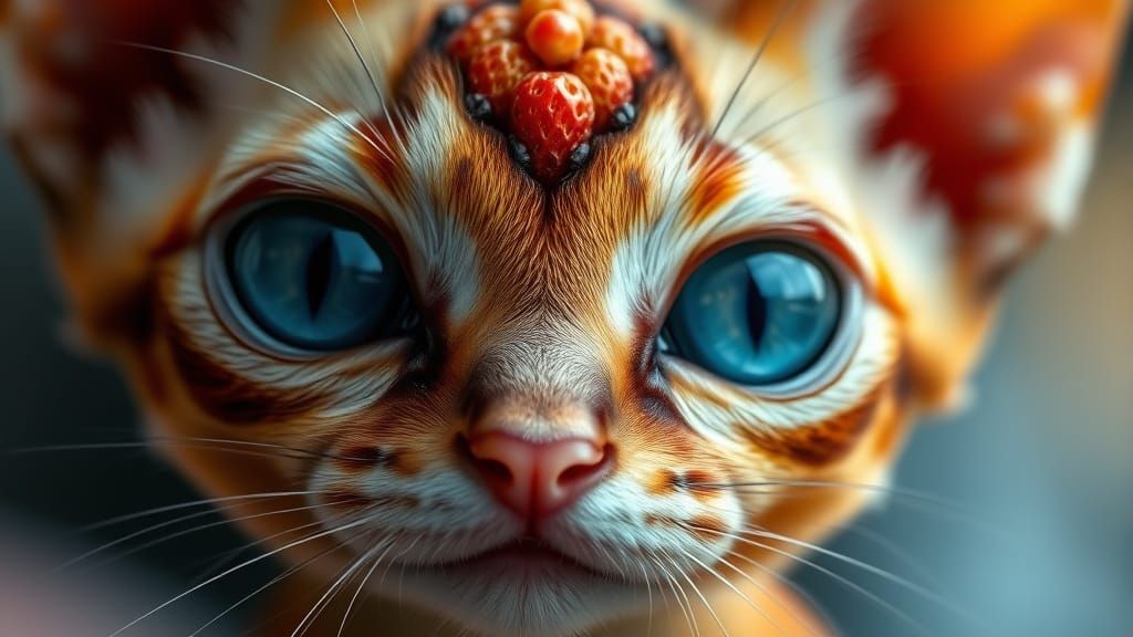 Surreal Alien Cat Fruit Hybrid with Glowing Blue Eyes