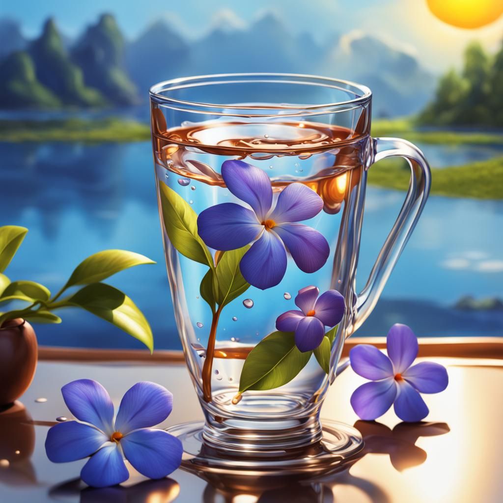 Hyperrealistic Periwinkle Flower in Glass Cup Splash Art