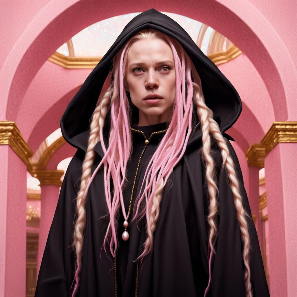 Albino Figure in Golden Archway: Photorealistic Detail