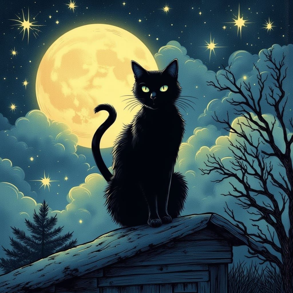 Black Cat Silhouette in Neo-Traditional Tattoo Style