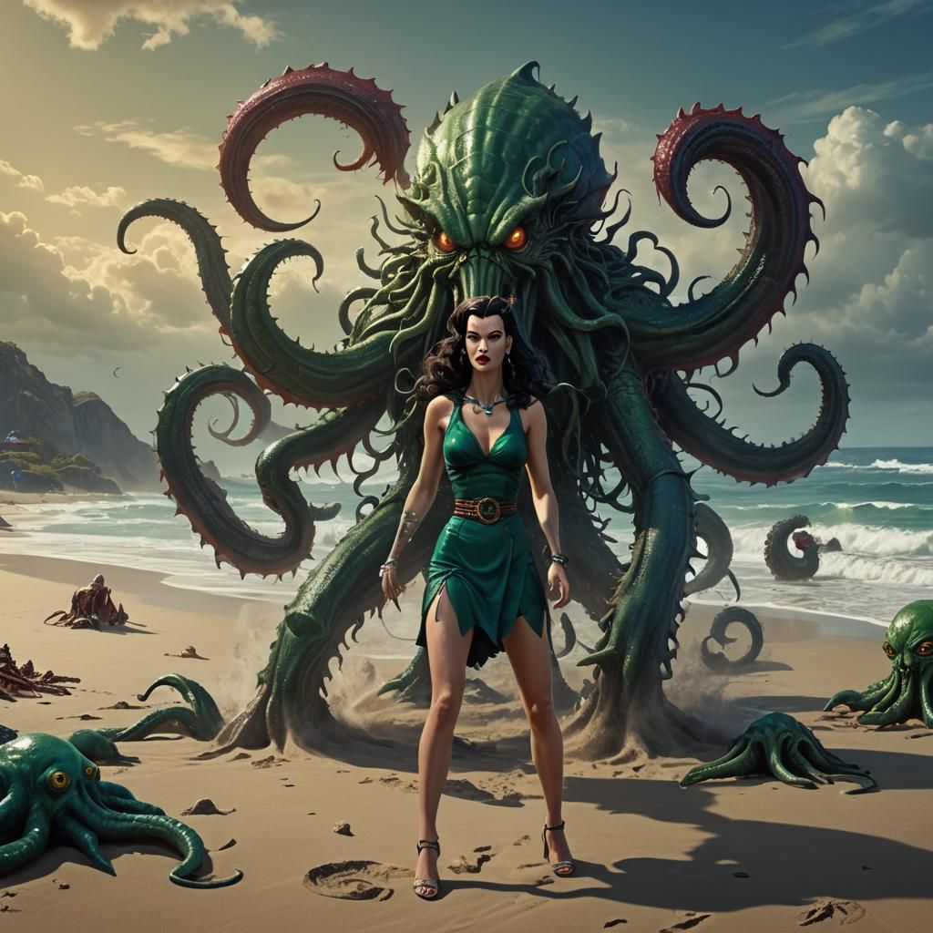 Betty Paige vs Cthulhu: Beach Battle in Artstation Style