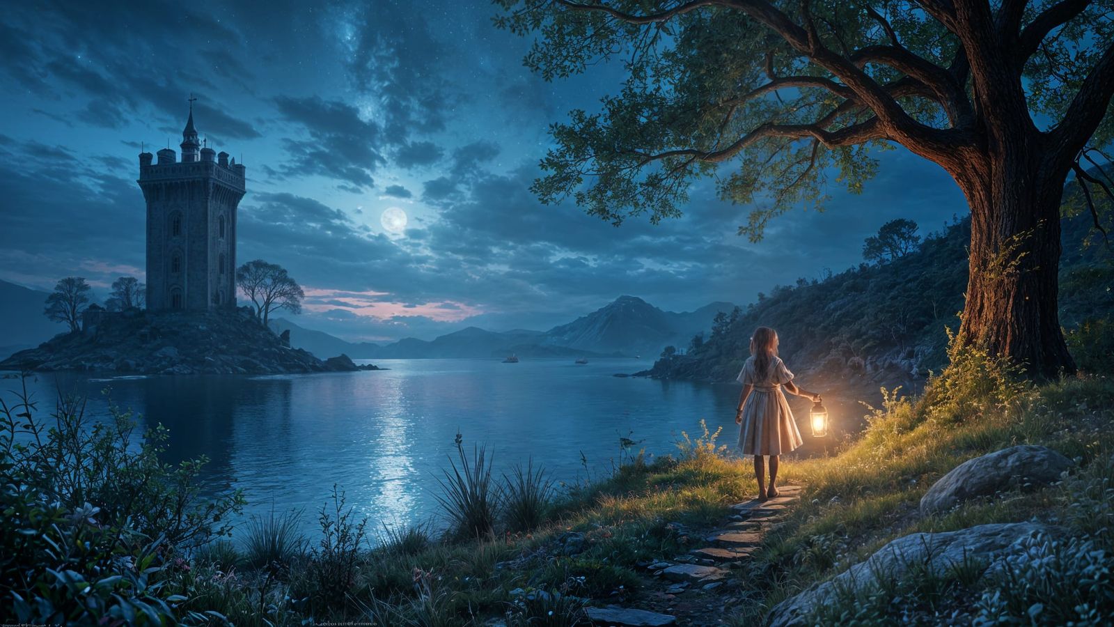 Enchanting Twilight Landscape with Little Girl and Fairies