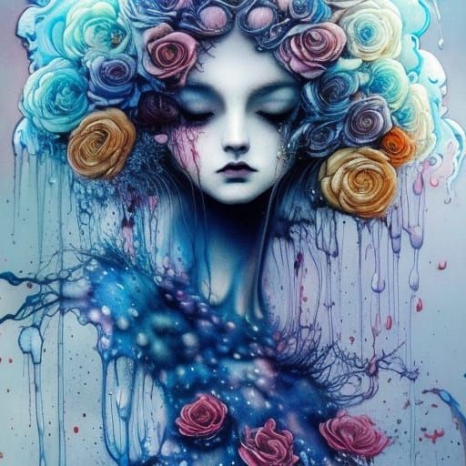 Woman with Roses: Liquid Ink and Watercolor Art