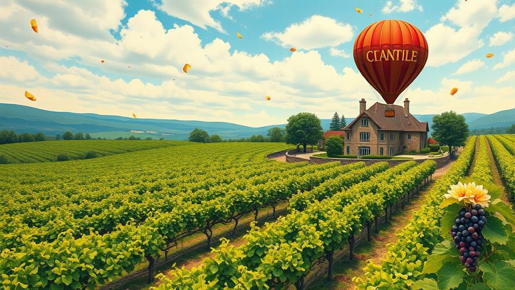 Vineyard Landscape with Hot Air Balloon in Gouache Style