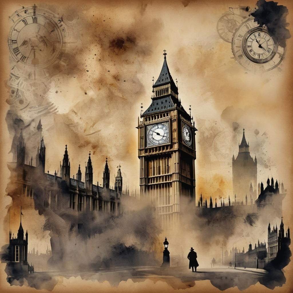 Big Ben in Steampunk 18th Century Ink Painting
