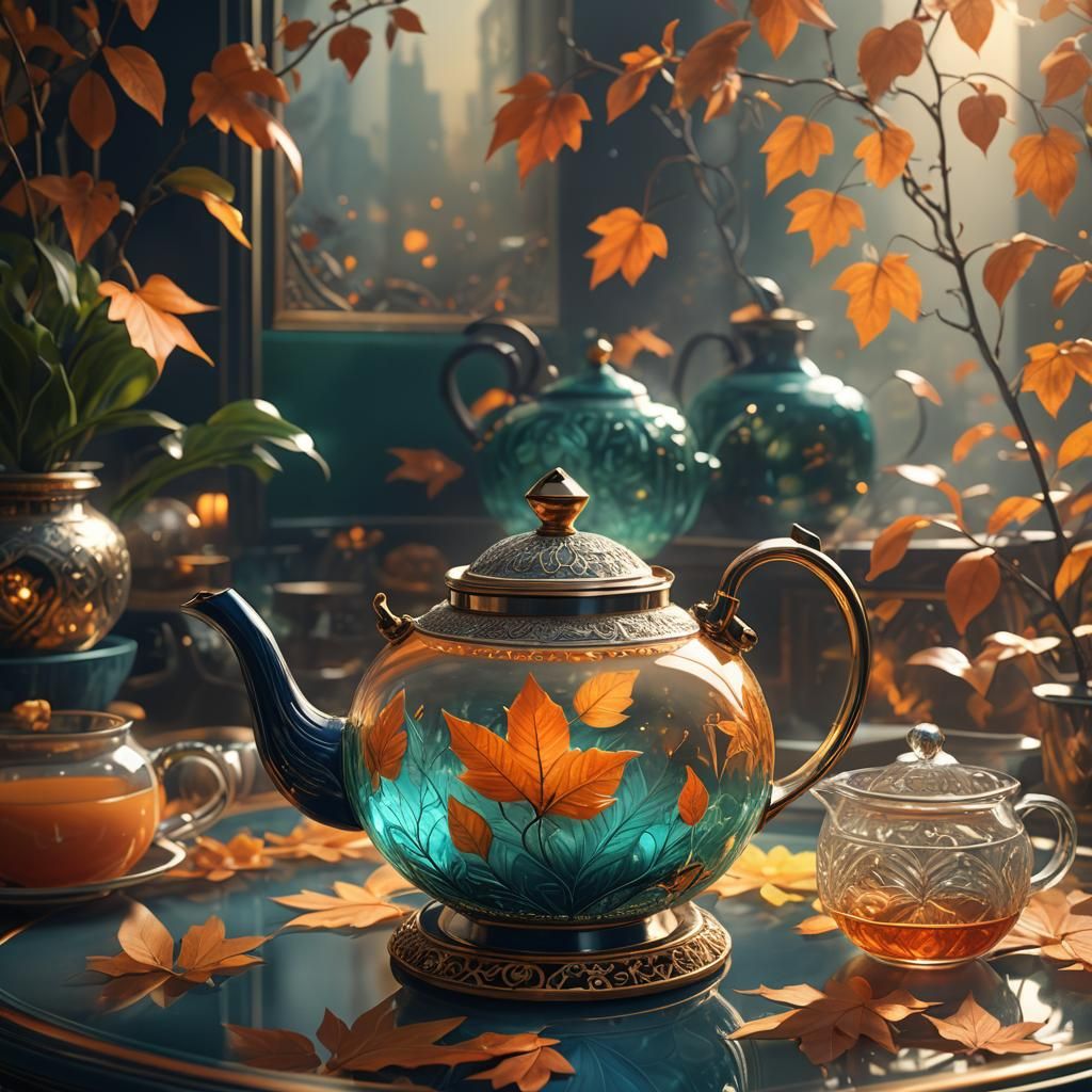 Autumn Scene Inside Glass Teapot, Hyperrealistic Art Deco