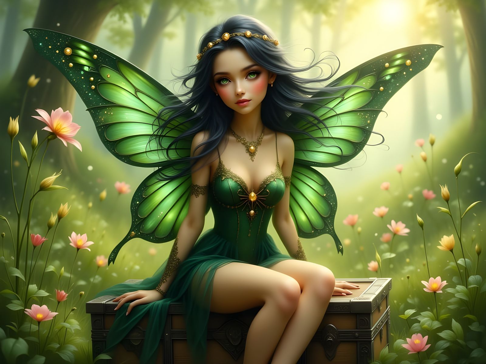 Norse Fairy on Ornate Chest, Ethereal Illustration