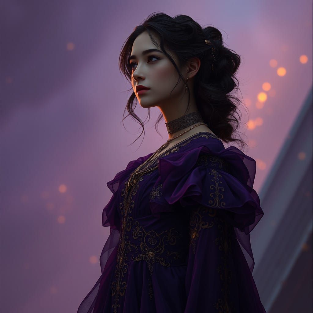 Enigmatic Young Woman in Rich Plum-Purple Gown