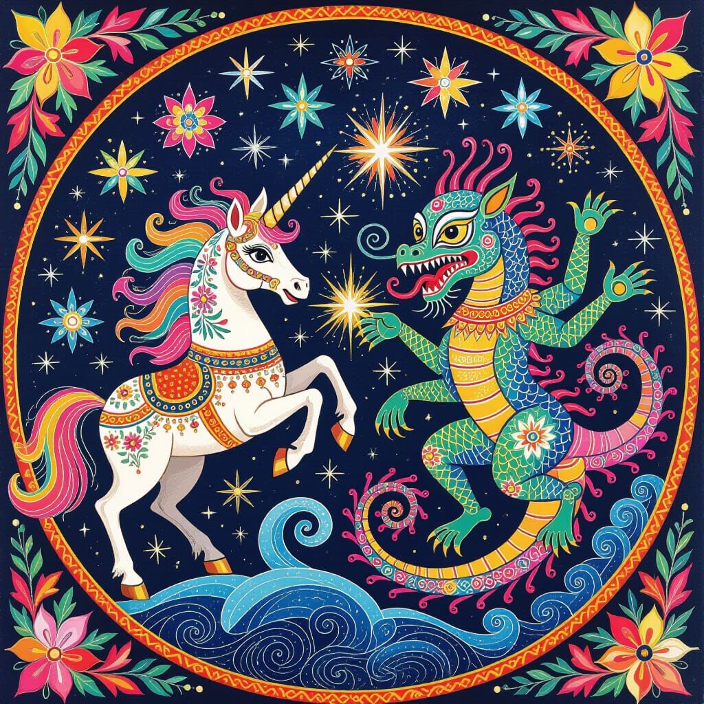 Madhubani Cosmic Battle: Unicorn vs Alien