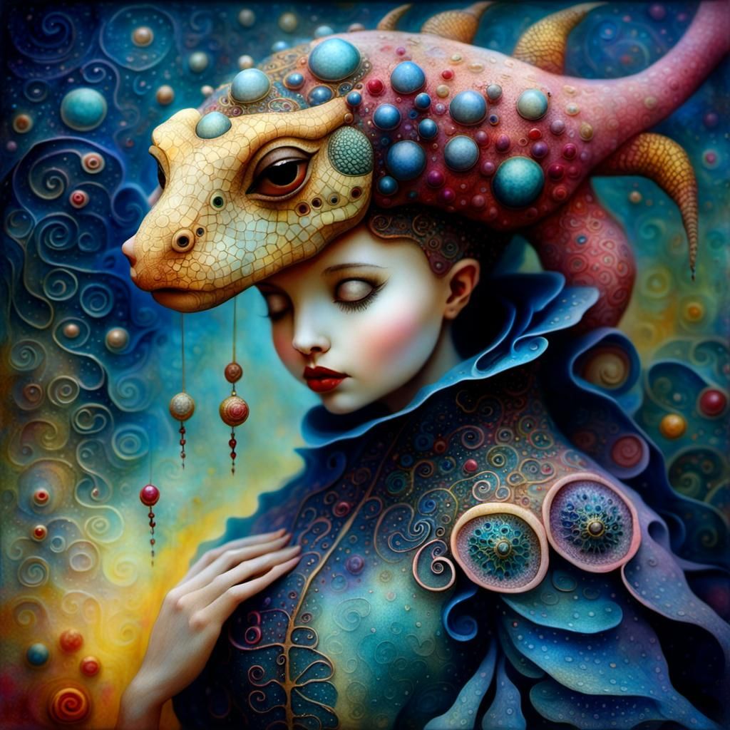 Toddler Embracing Alien Lizard Head in Surreal Art