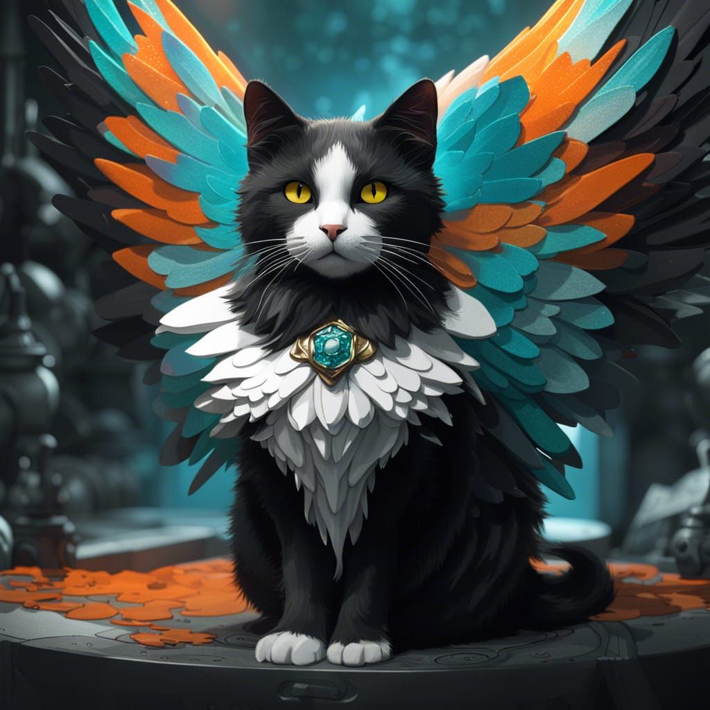 Angelic Black and White Cat in Digital Art