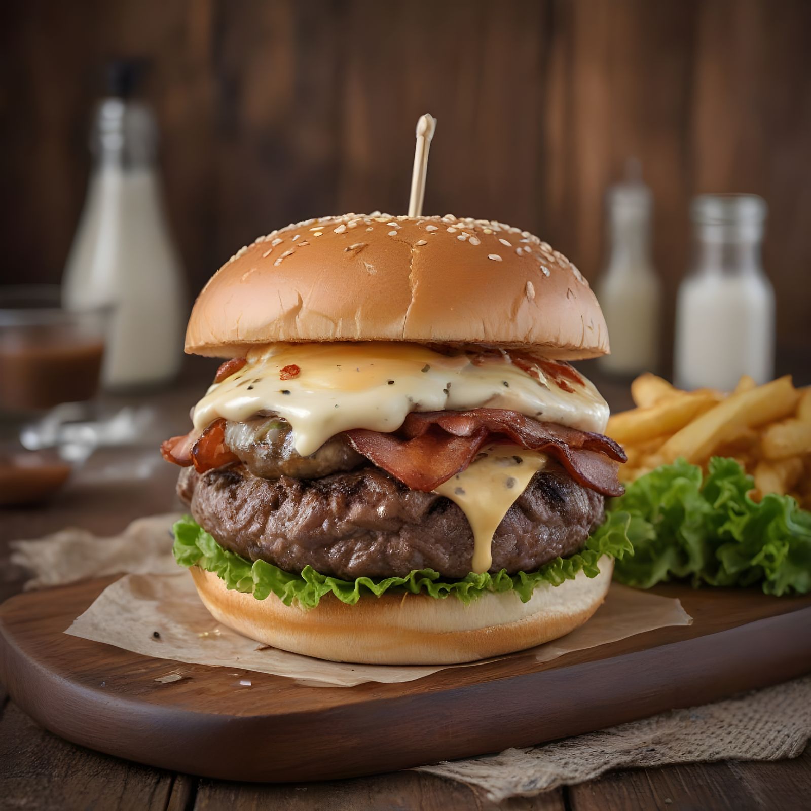 Delicious Homemade Burger with Crispy Fries in a Gourmet Set...