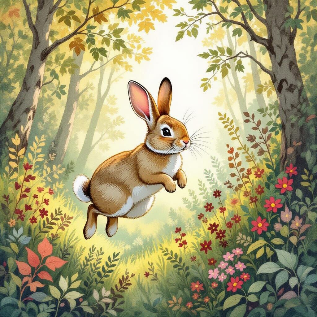 Rabbit Jumping Through Forest in Storybook Style