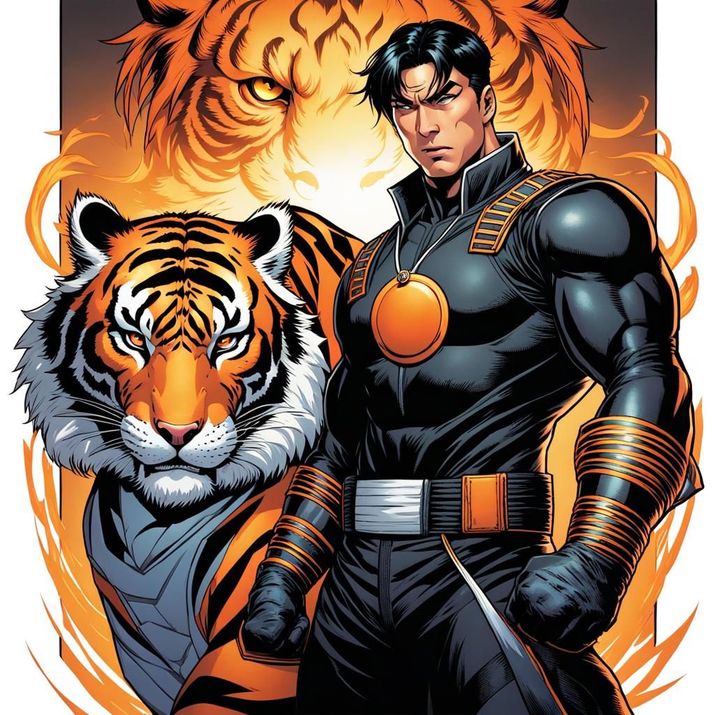 Asian Superhero and Tiger in Comic Book Style