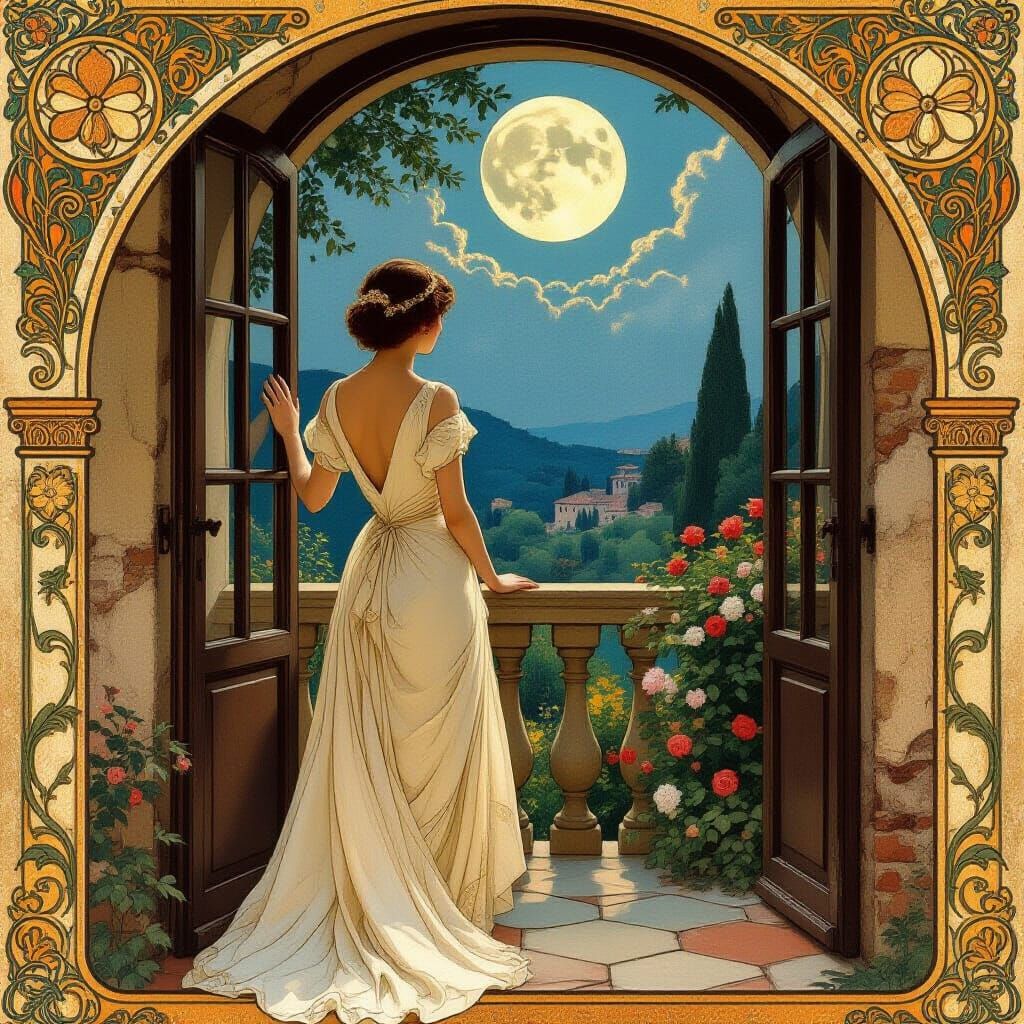 Woman Awaiting Lover in Moonlit Garden, Art Nouveau Style