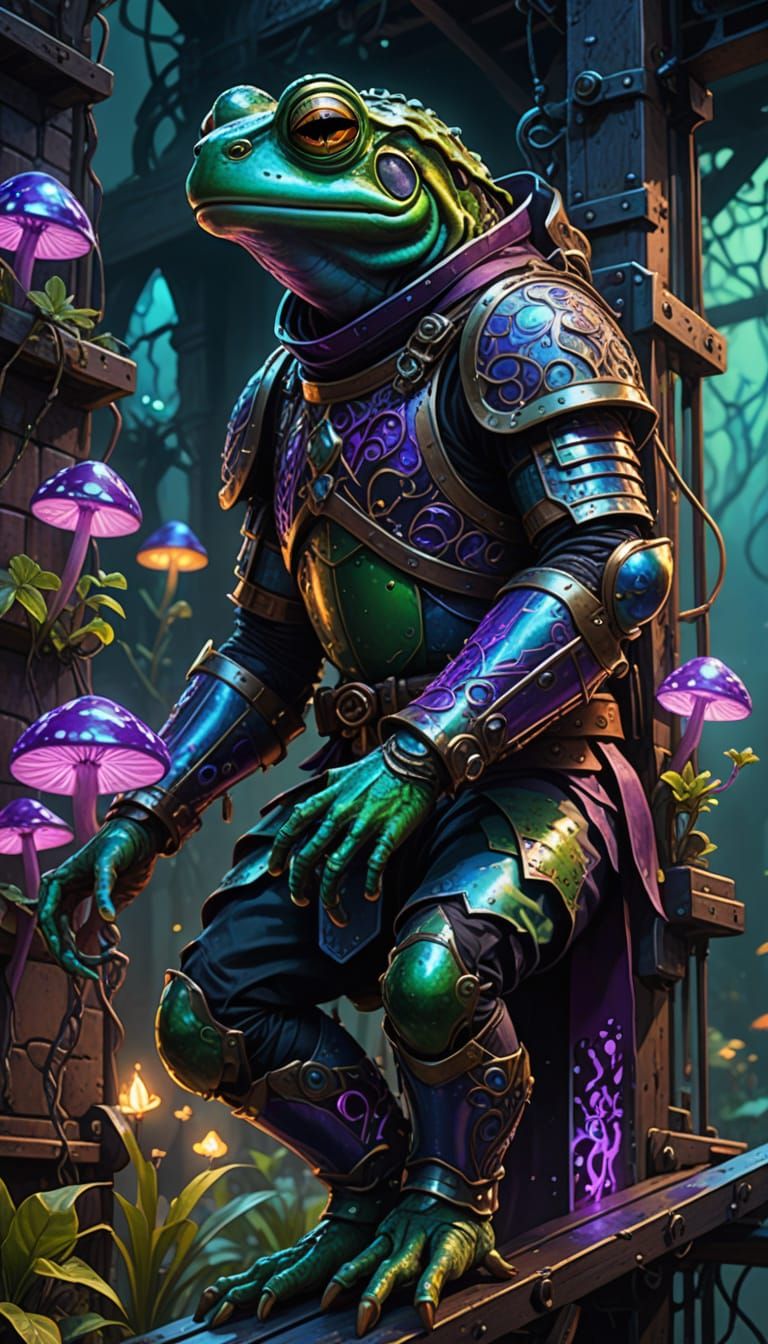 Ethereal Oilpunk Knight Ascends in Vibrant Bioluminescence