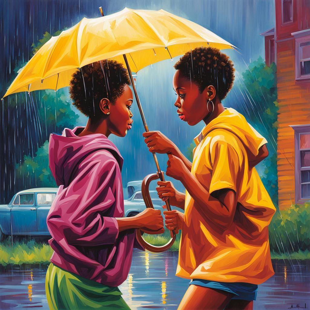 Joyful Youths Playing in Rain: Colorful Impression