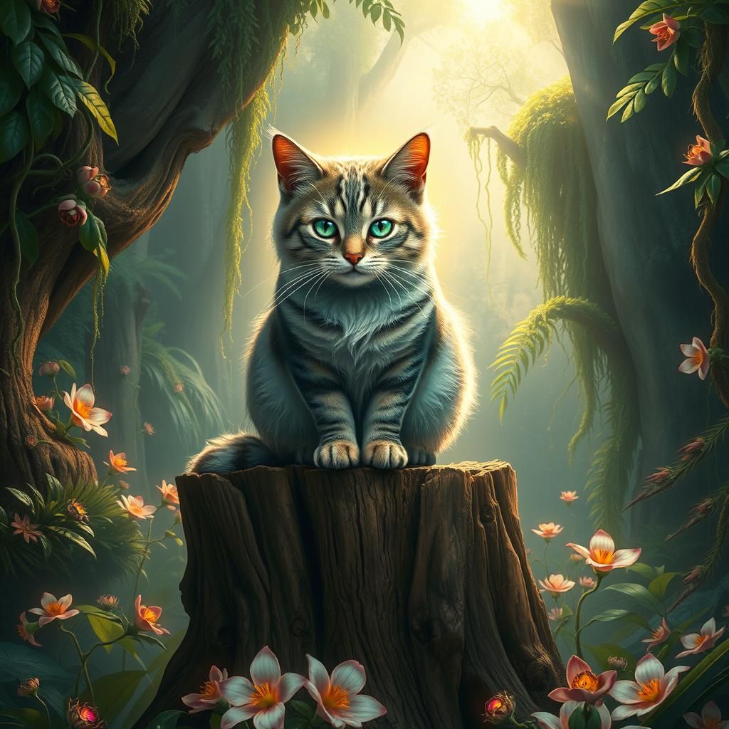 Iridescent Cat in Jungle, Photorealistic Matte Painting