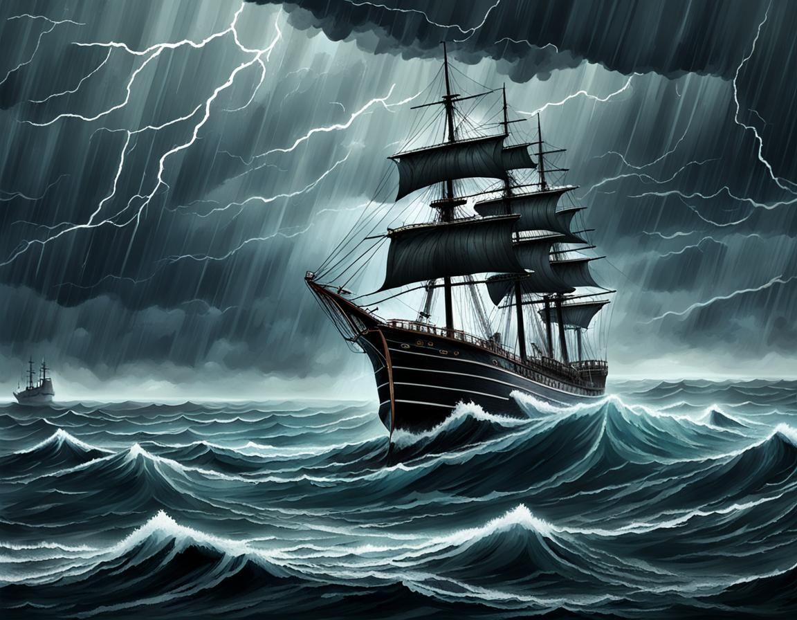 Mysterious Vessel Rides Stormy Waves in a Darkened Night
