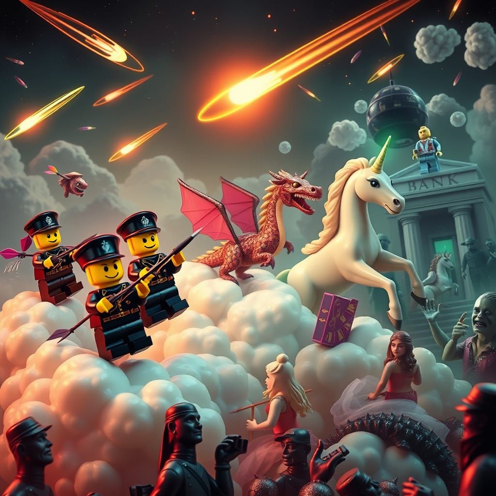 Lego Soldiers Chase Dragons in Whimsical Neon Style