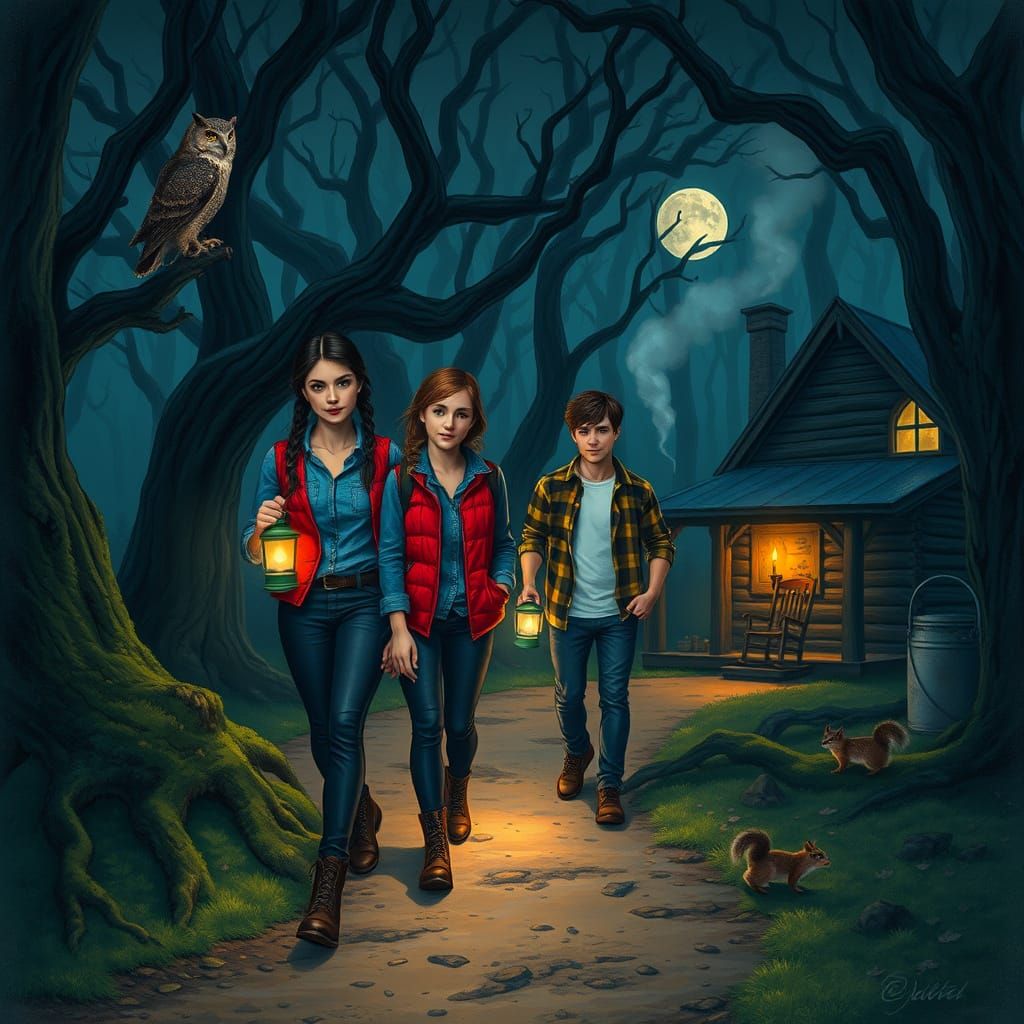 Gothic Forest Night Scene with Adventurous Couple