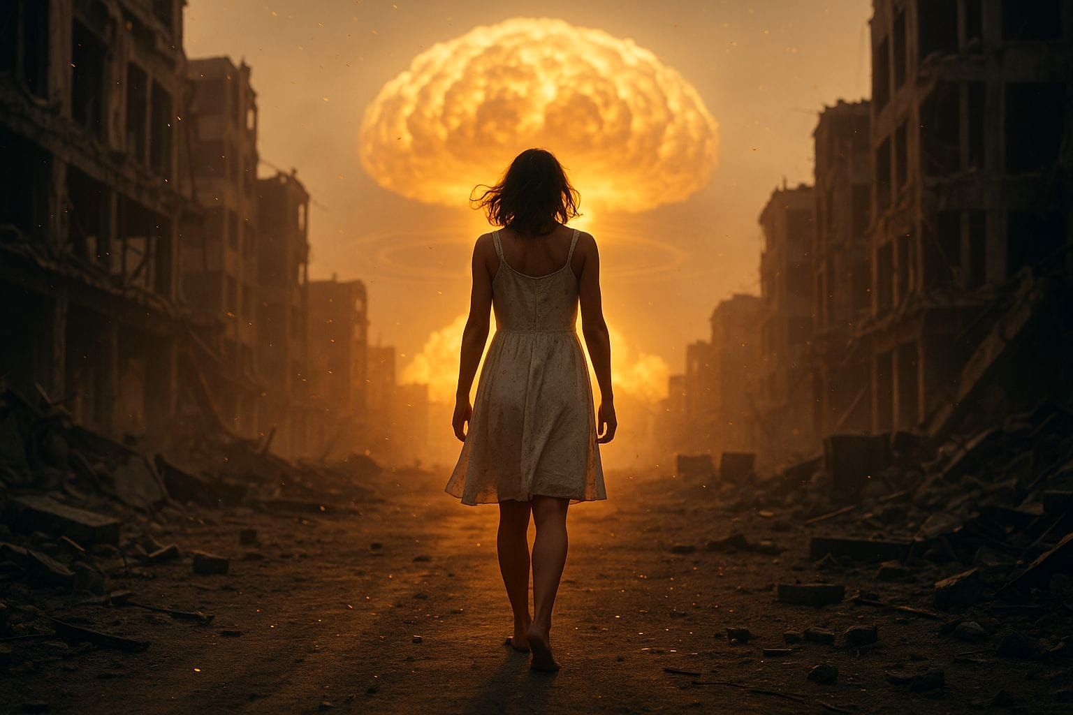 Post-Apocalyptic Woman Amidst Ruins in Golden Light