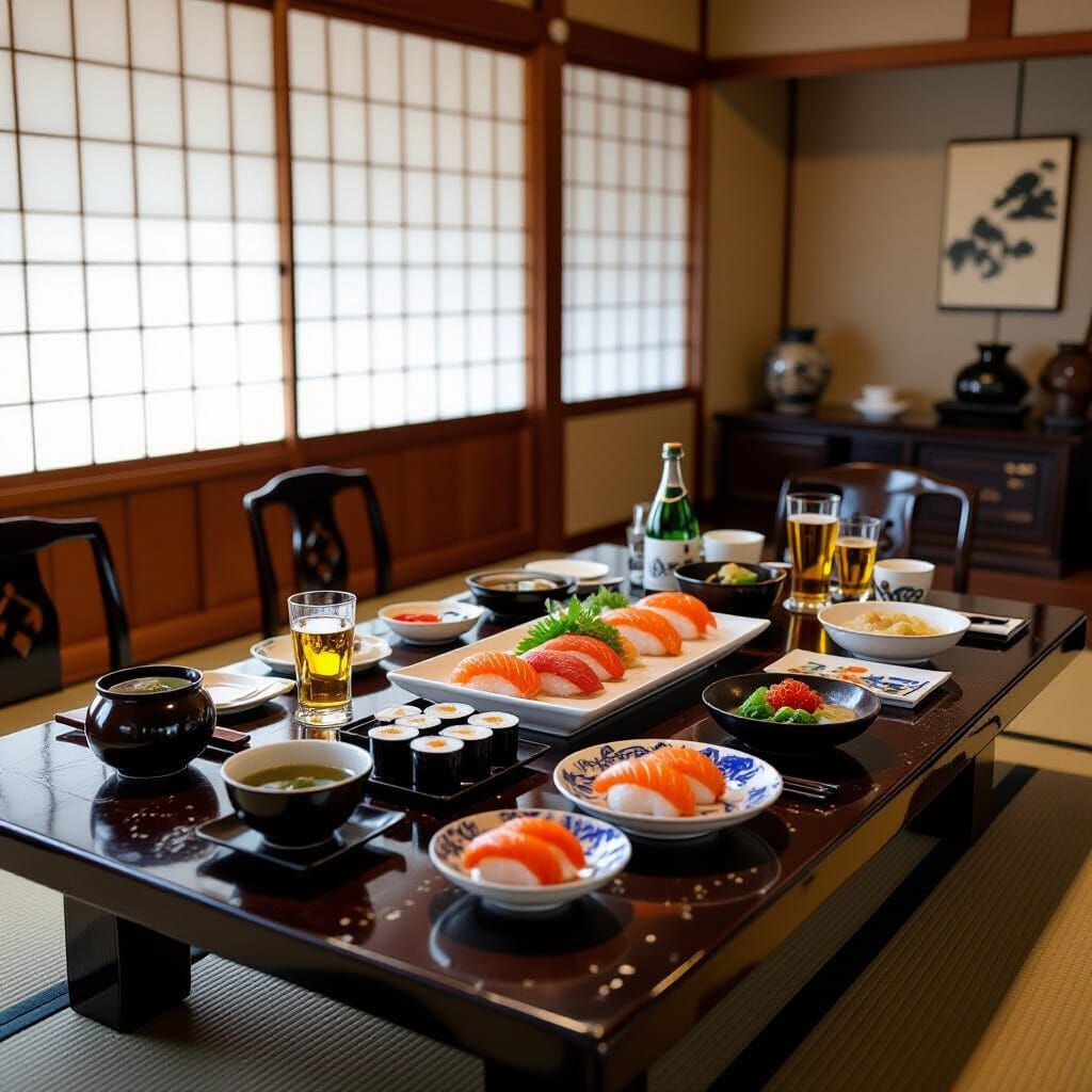 Elaborate Japanese Feast Set for Twenty in Ukiyo-e Style