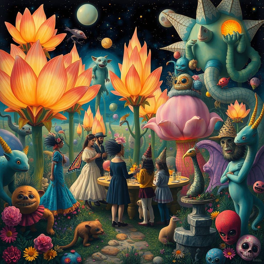 Surreal Garden Party with Bioluminescent Flowers, Fantasy Ar...