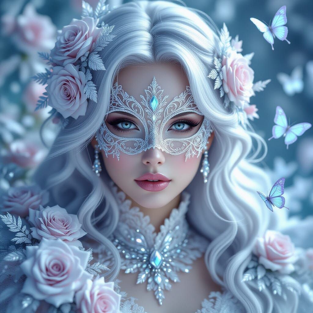 Elegant ice queen with frosted lace mask and soft silver hai...