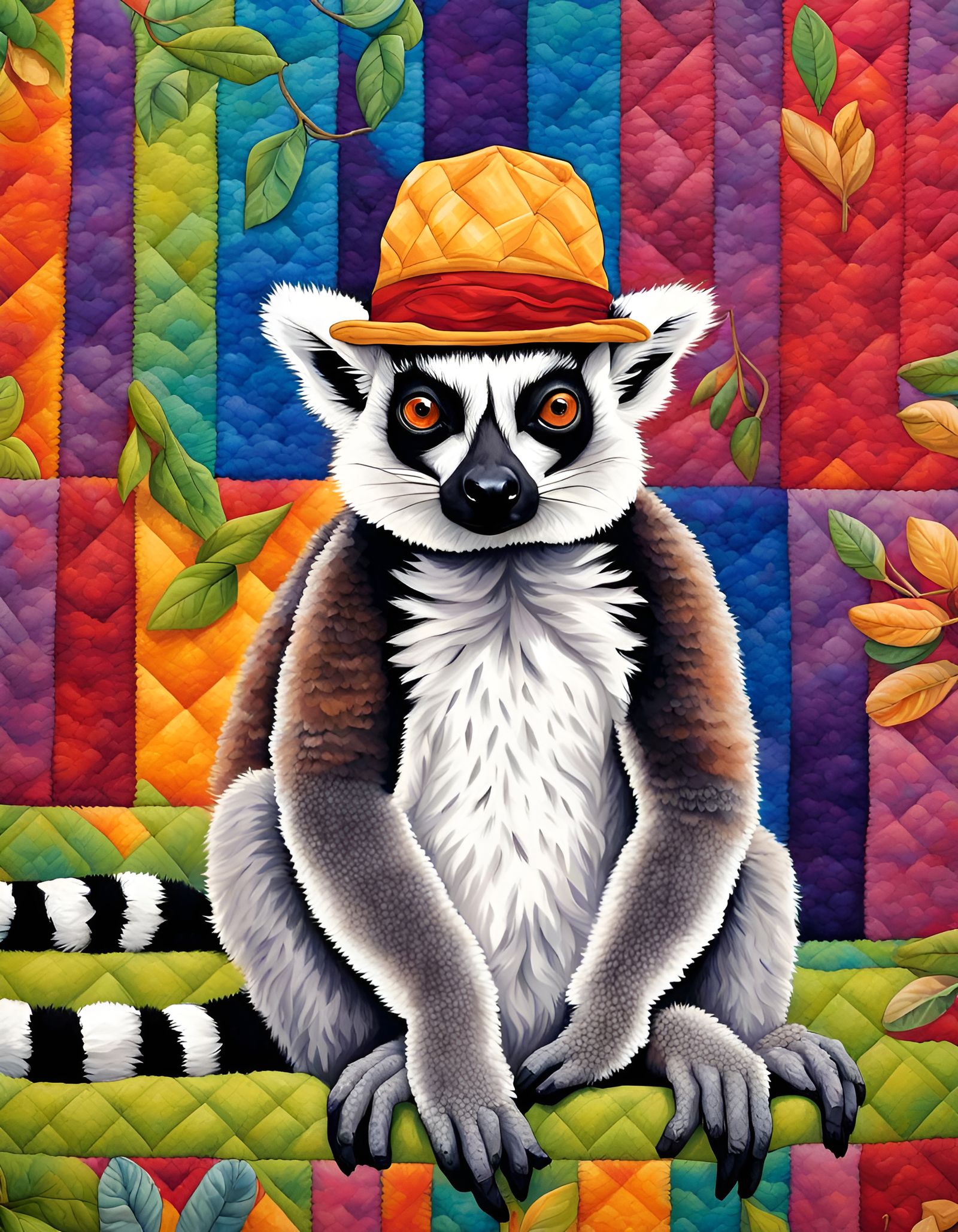 Lemur with Hat on Detailed Fabric Quilt