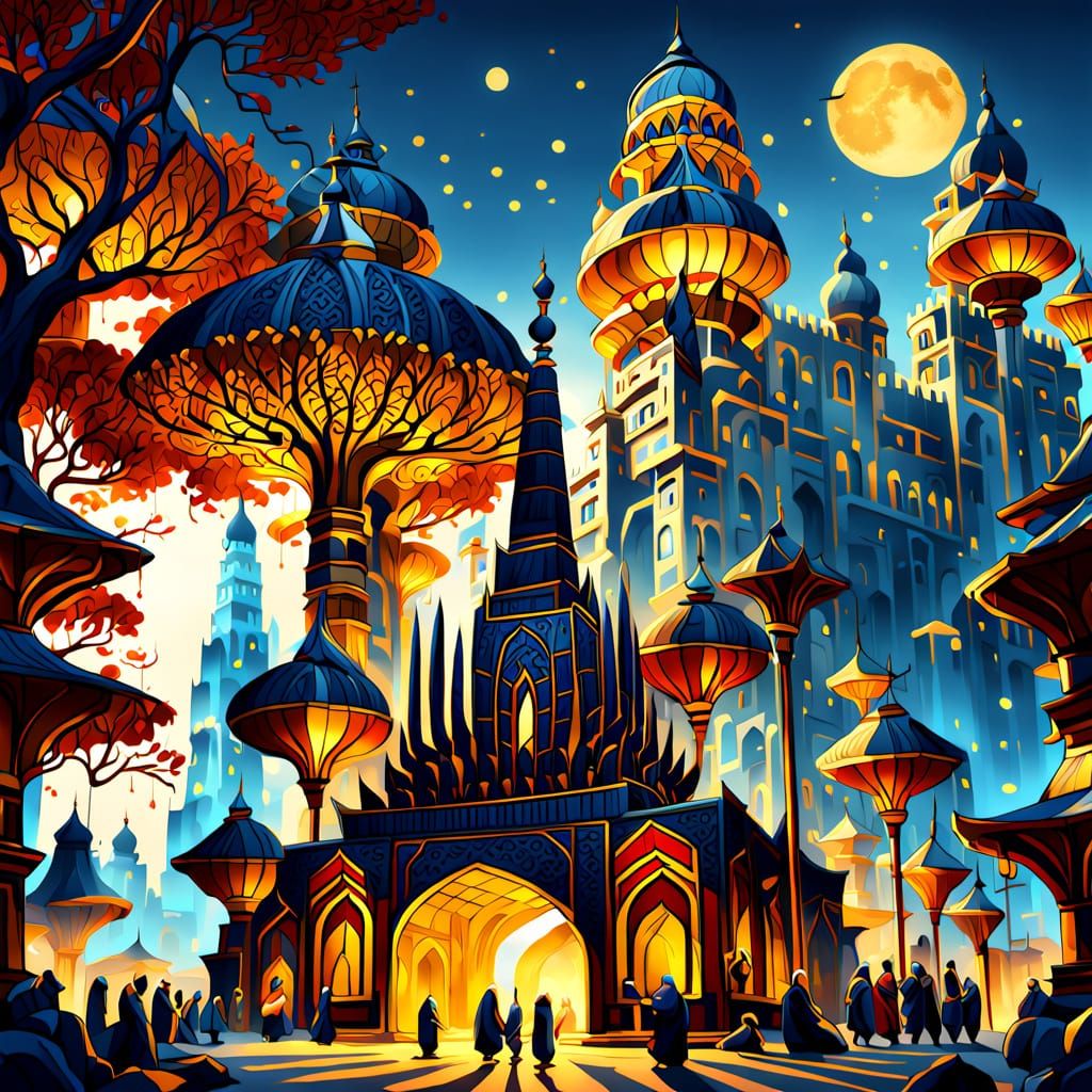 Arabic and Japanese Temple at Night