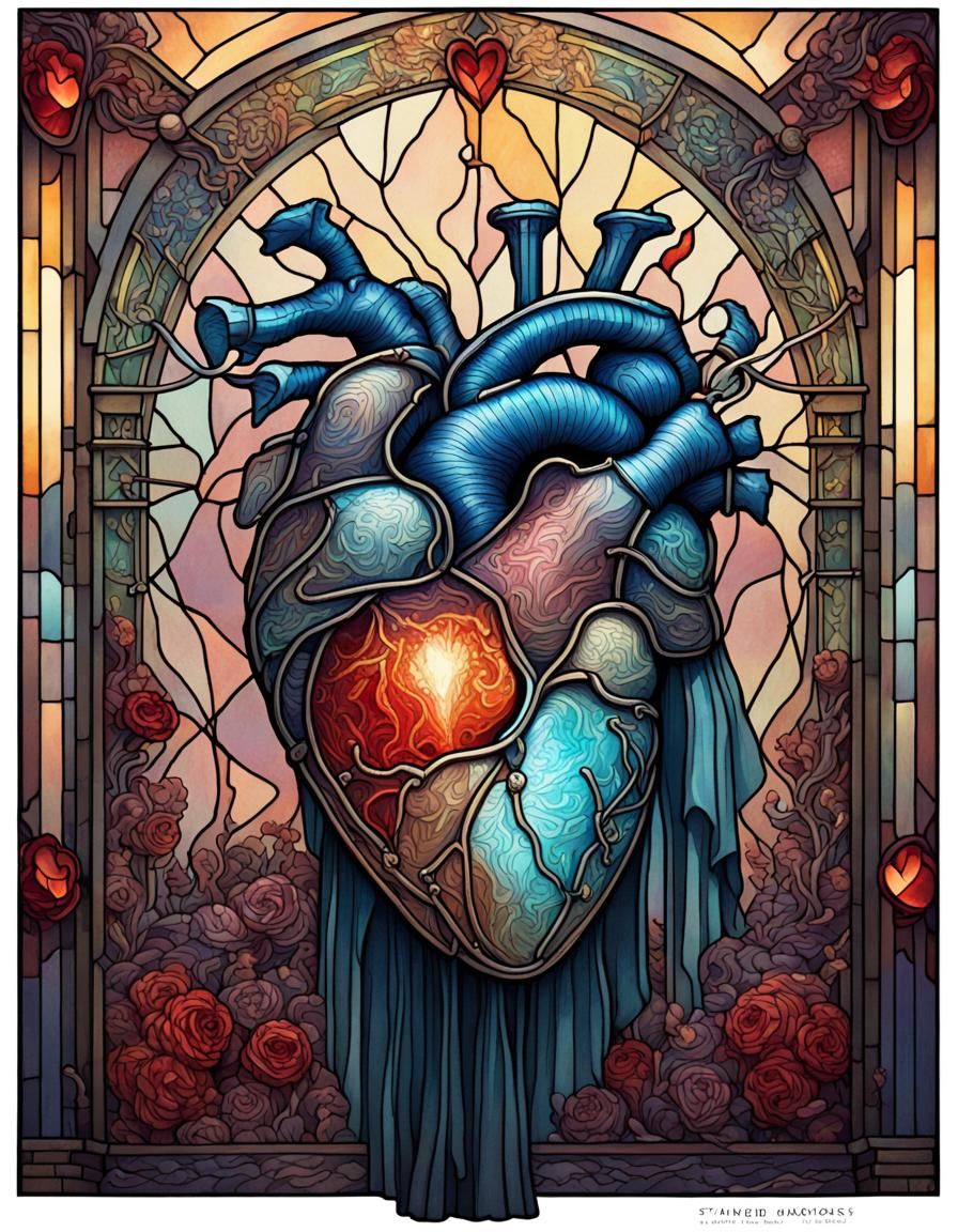 Stained Glass Anatomical Heart in Art Nouveau Style