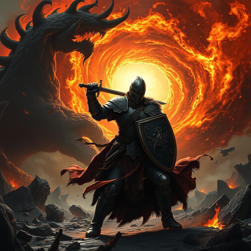 Dark Fantasy Warrior Battles Maelstrom in Shattered Landscap...