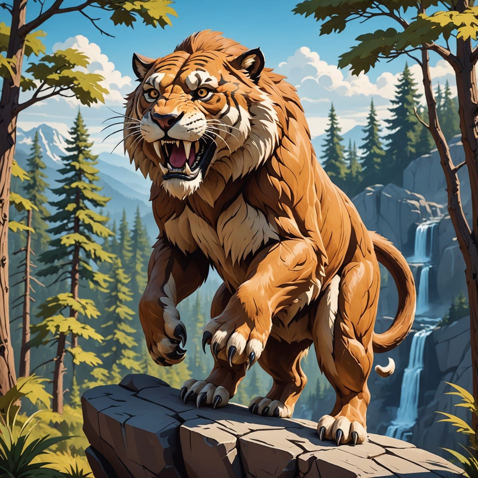 Powerful Smilodon on Ledge with Sparse Trees