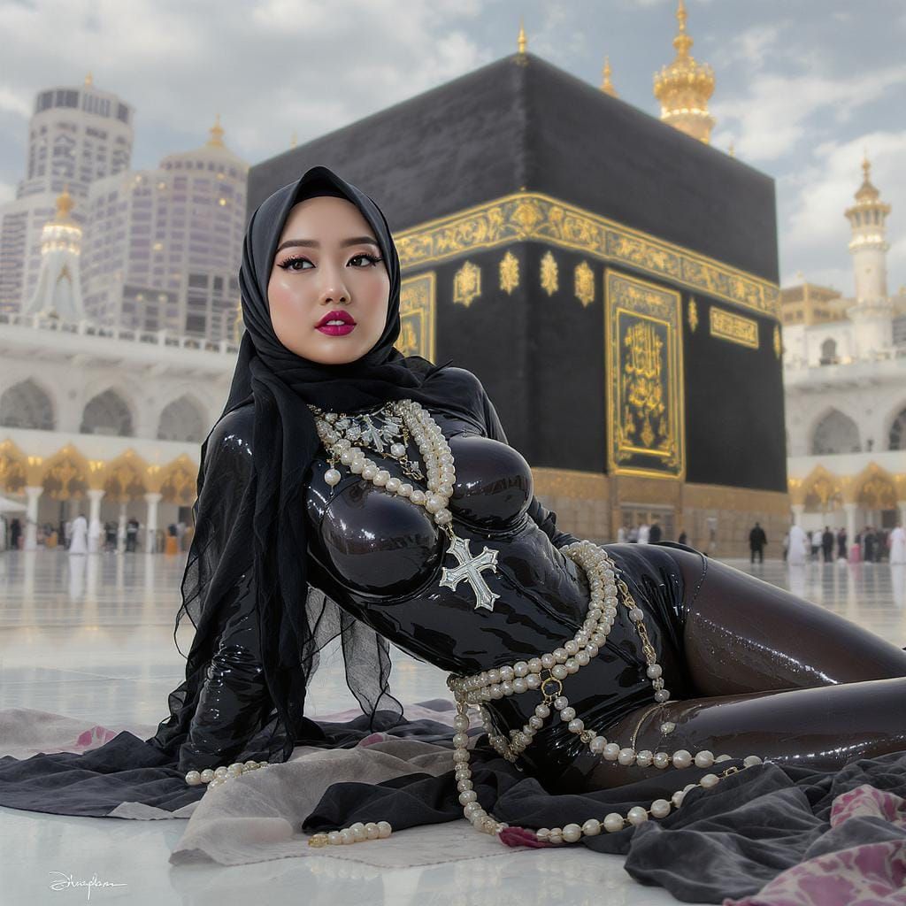 Woman in Hijab with Pearl Adornments at the Ka'bah
