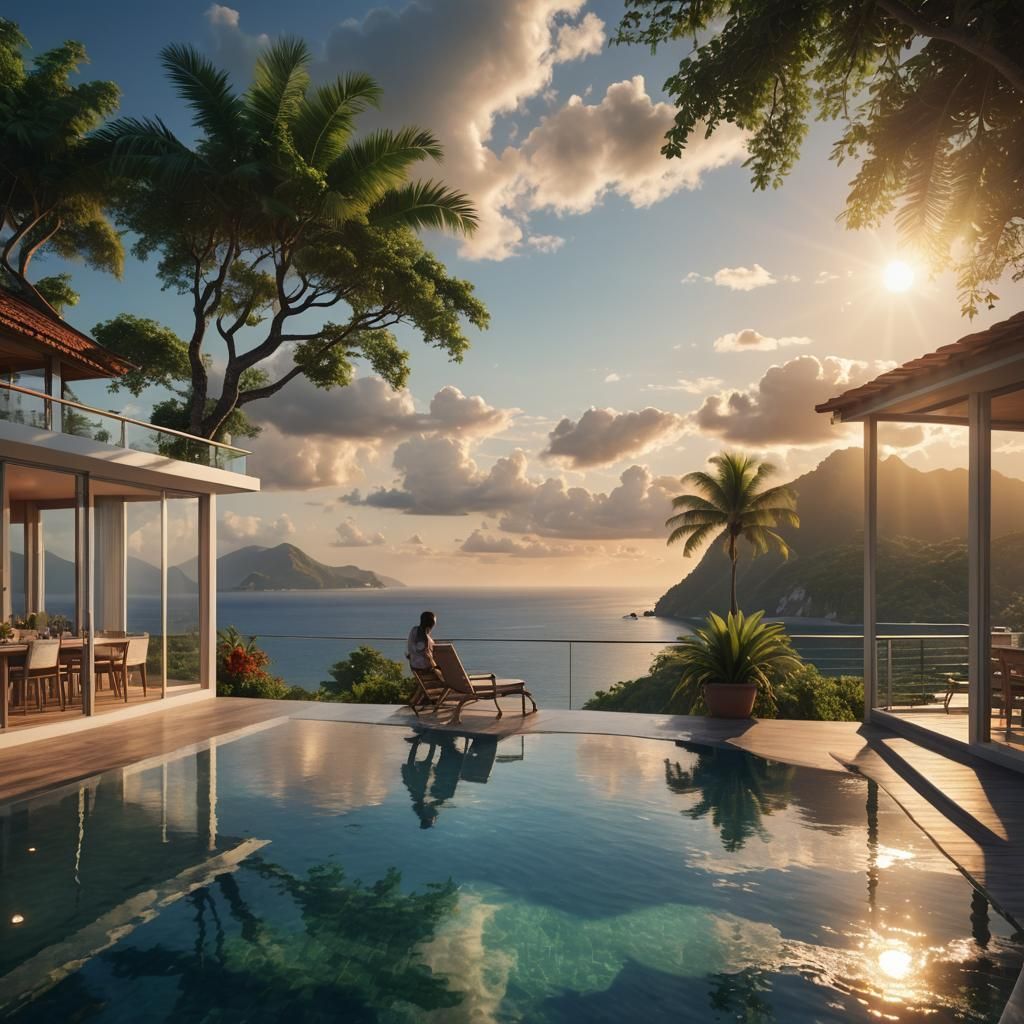 Tropical Island Coastal House at Sunset