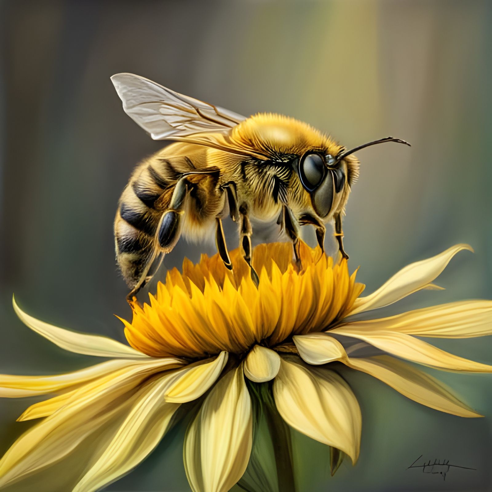 Honey Bee Portrait on Sunflower, Realistic Style